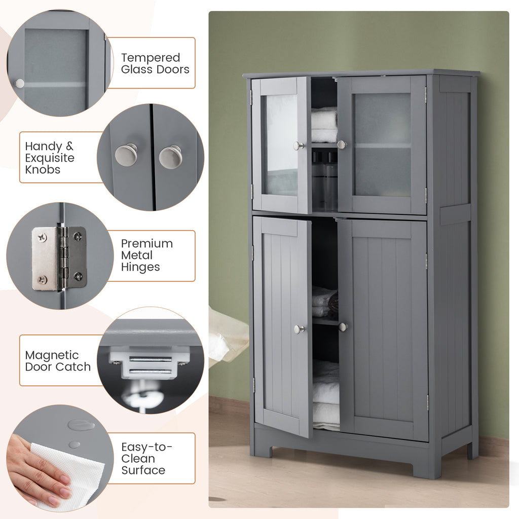 Bathroom Floor Storage Cabinet with Glass Doors and Adjustable Shelf