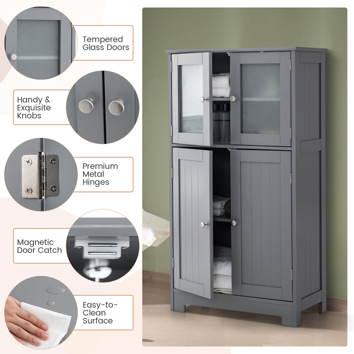 Bathroom Floor Storage Cabinet with Glass Doors and Adjustable Shelf