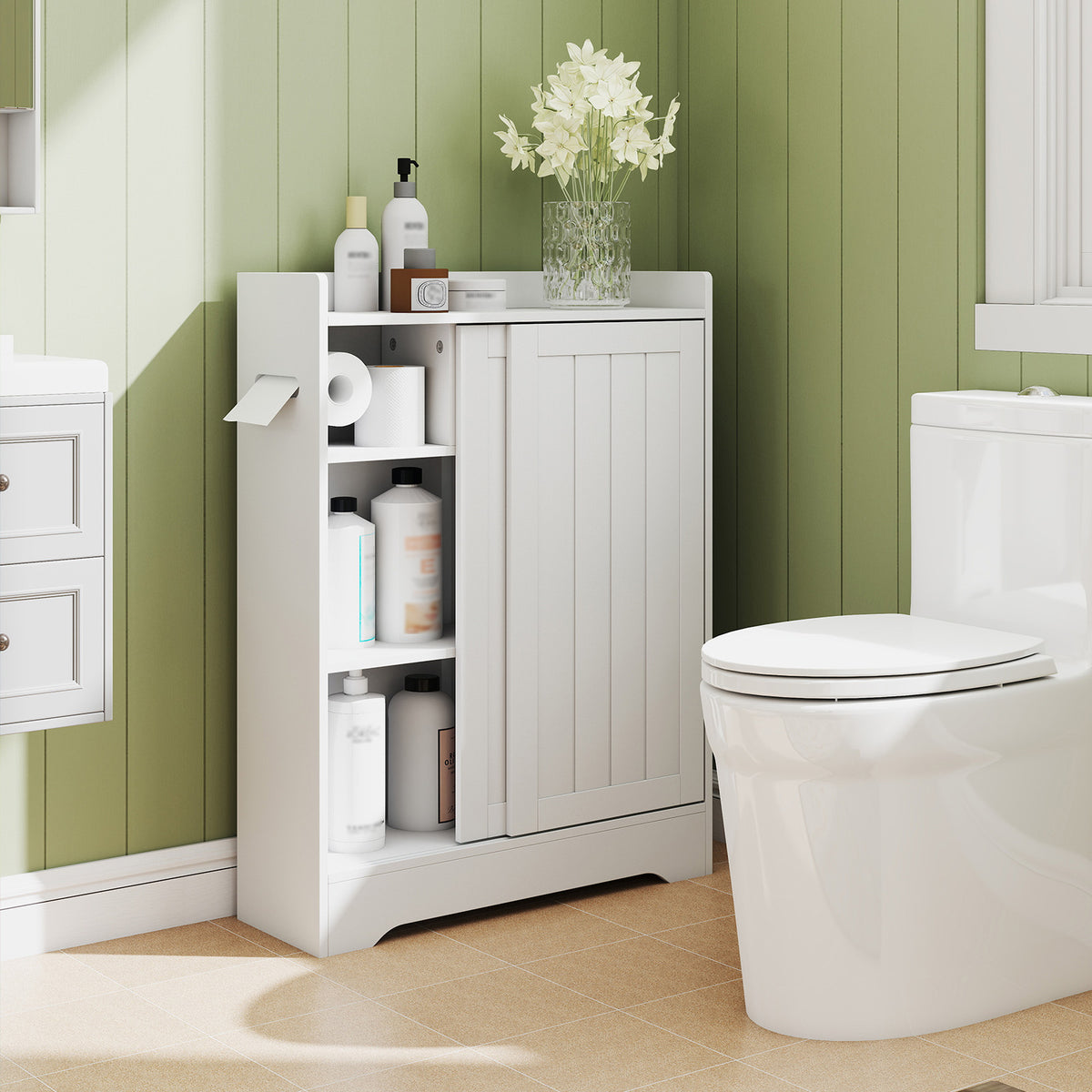 Slim Bathroom Storage Cabinet with Toilet Paper Holders - White