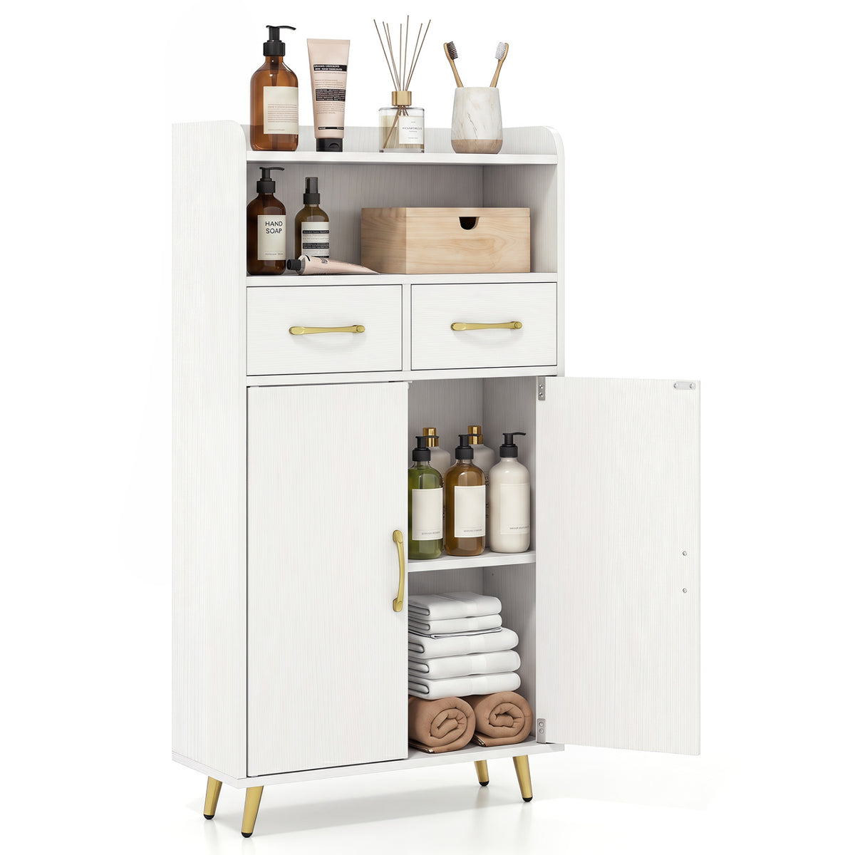 Bathroom Storage Cabinet Freestanding Floor with 2 Drawers and Doors