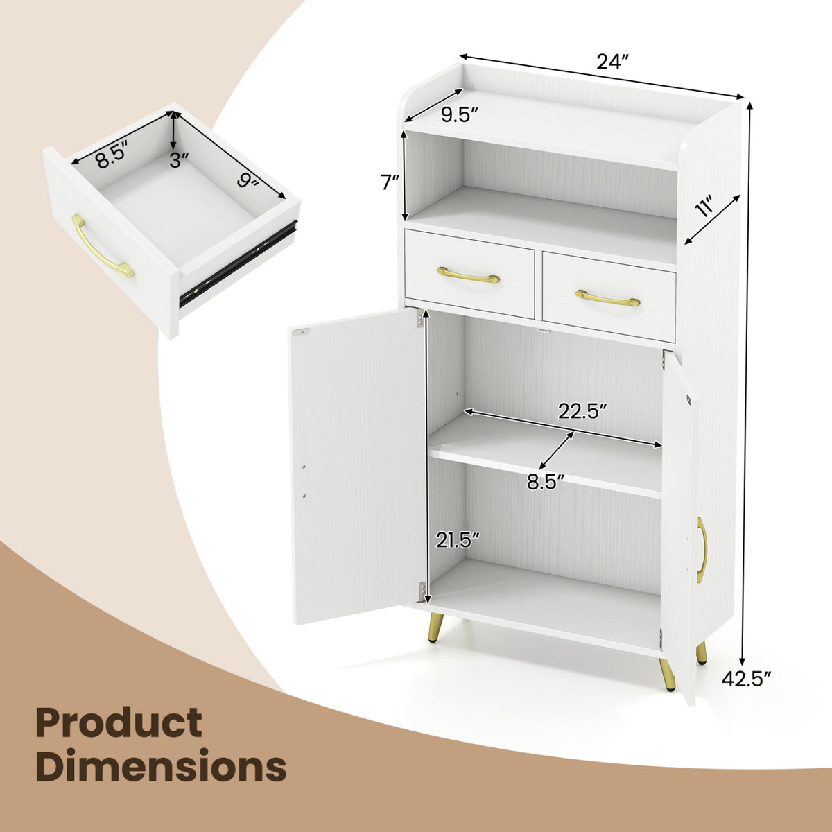 Bathroom Storage Cabinet Freestanding Floor with 2 Drawers and Doors
