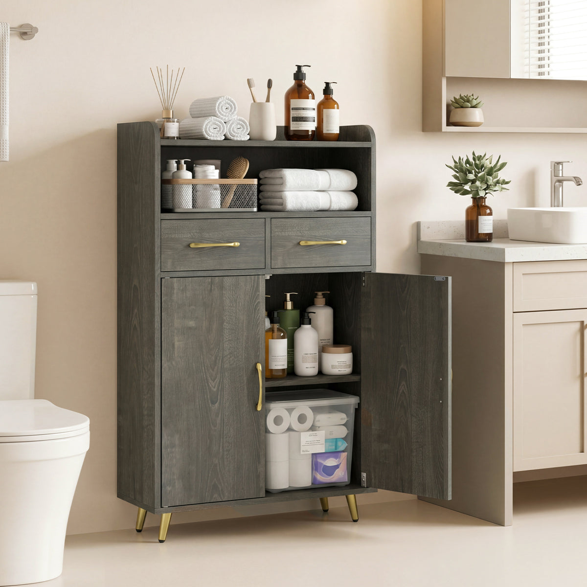 Bathroom Storage Cabinet 42.5" H - Gray with 2 Drawers