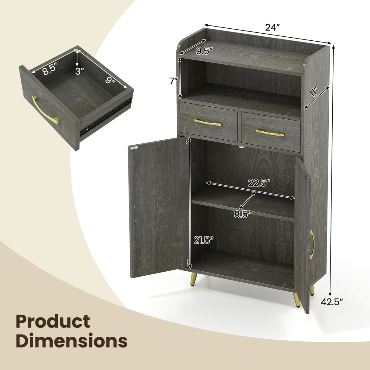 Bathroom Storage Cabinet 42.5" H - Gray with 2 Drawers
