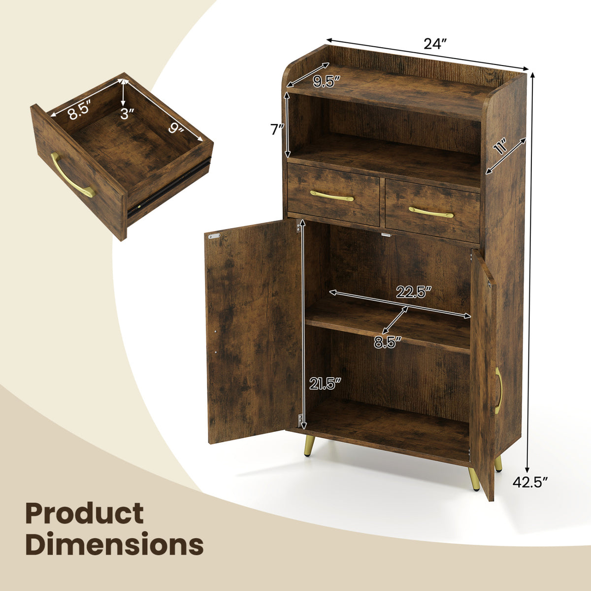 Bathroom Storage Cabinet Freestanding - 42.5 Inch H, Rustic Brown