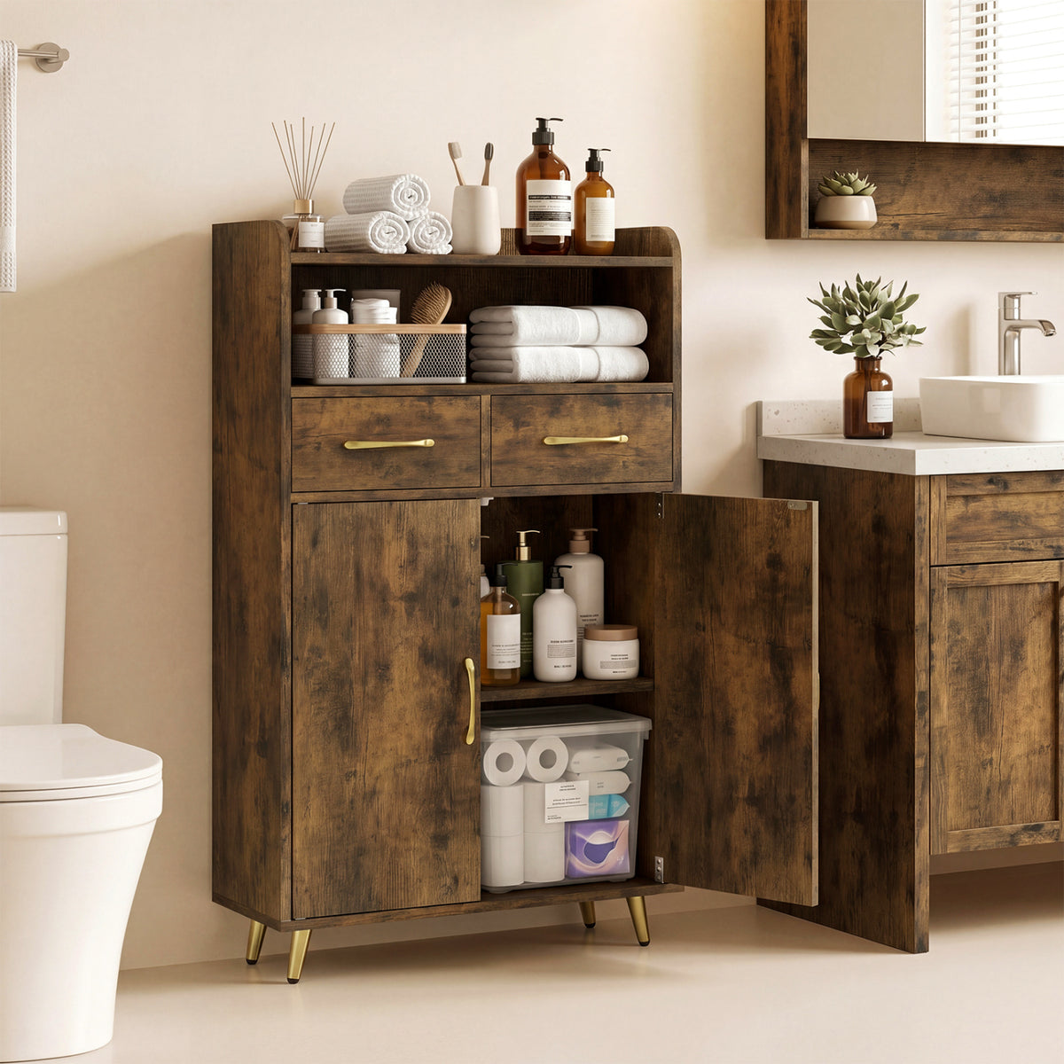 Bathroom Storage Cabinet Freestanding Floor with 2 Drawers and Doors