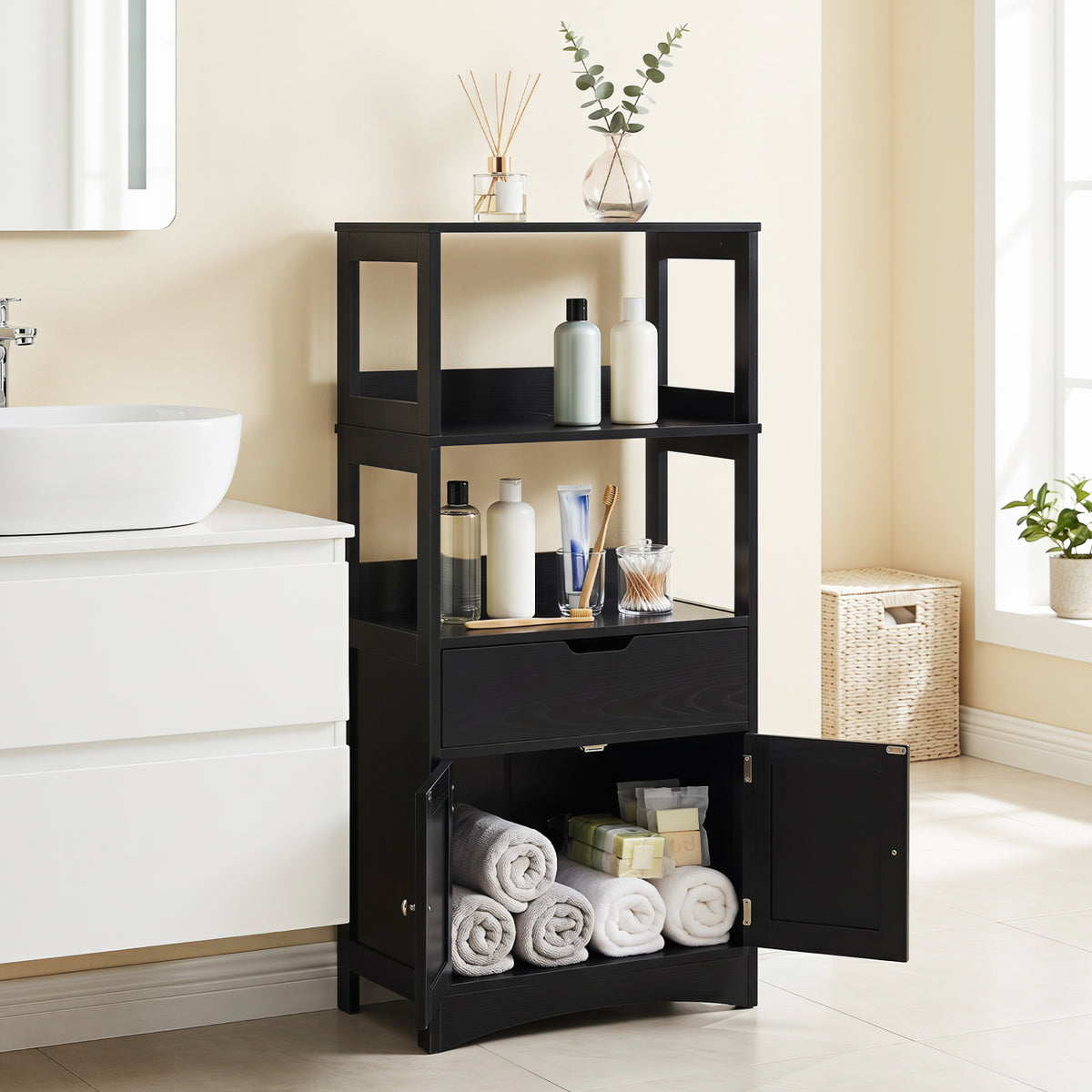 Bathroom Storage Cabinet with Open Shelves and Drawer Doors