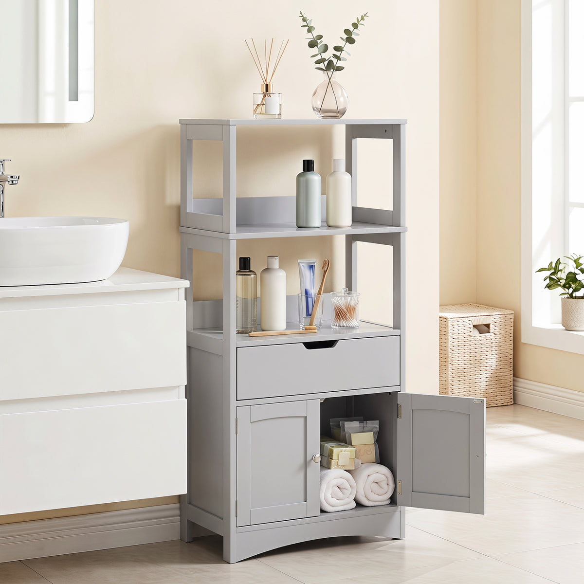 Bathroom Storage Cabinet with Drawer, Shelf & Doors – Gray