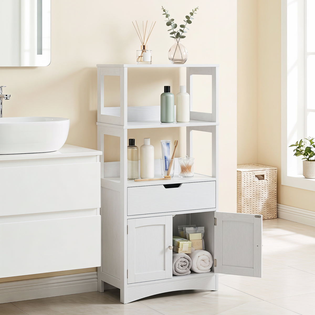 Bathroom Storage Cabinet with Drawer and Shelf - White