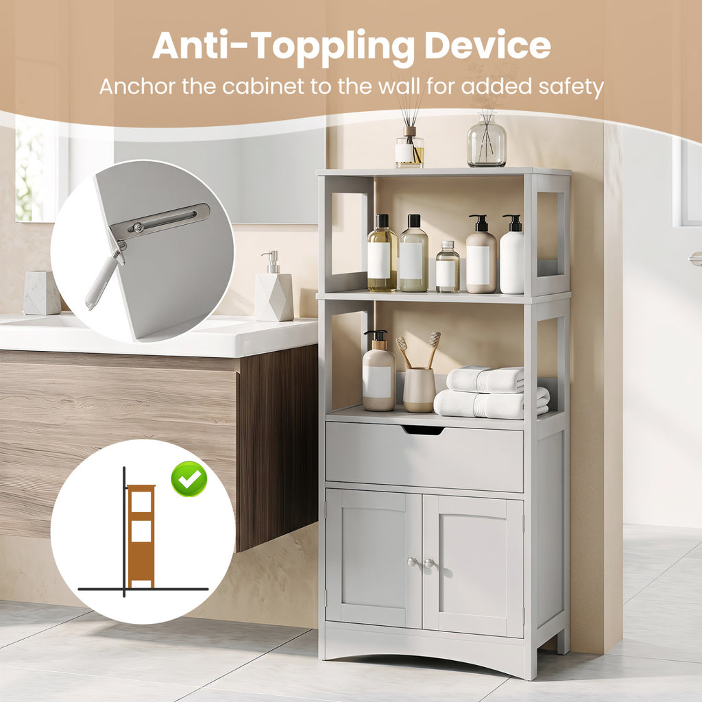 Bathroom Storage Cabinet with Open Shelves and Drawer Doors