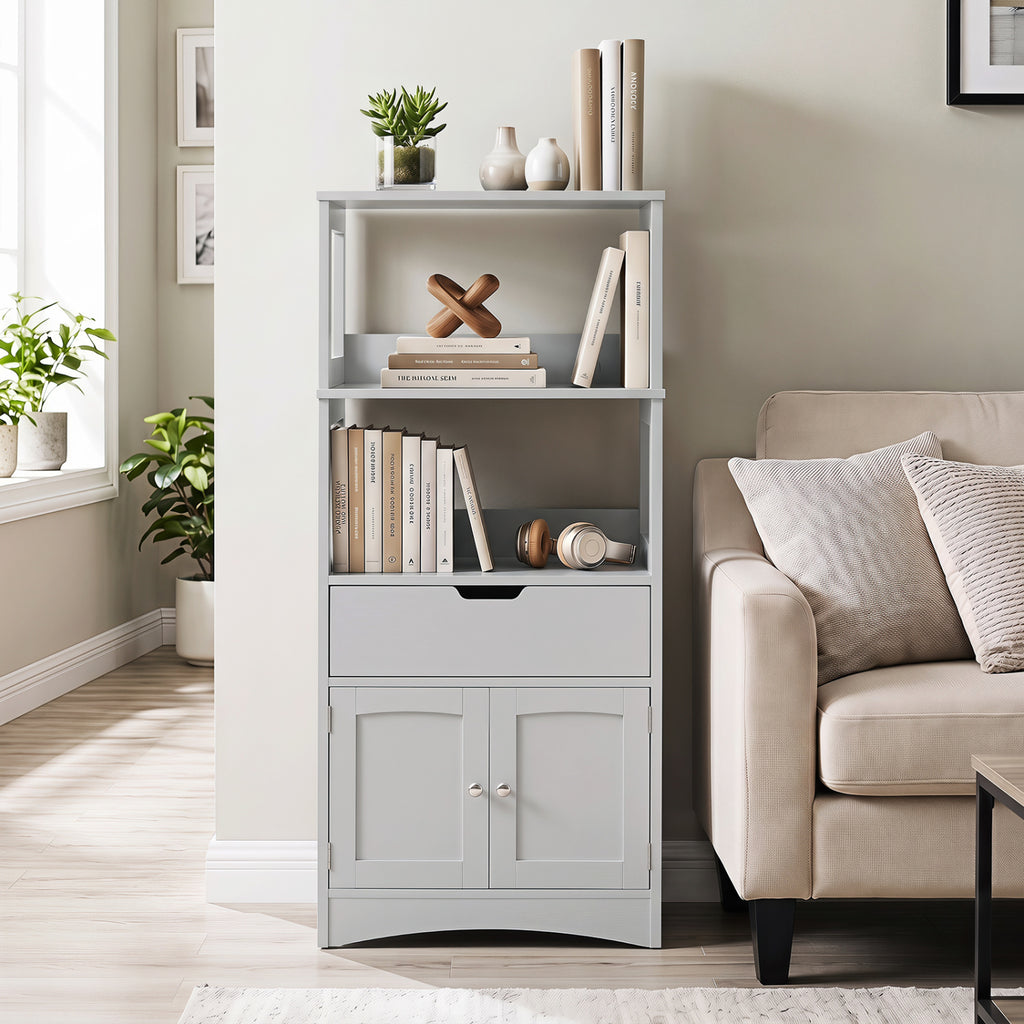 Bathroom Storage Cabinet with Open Shelves and Drawer Doors