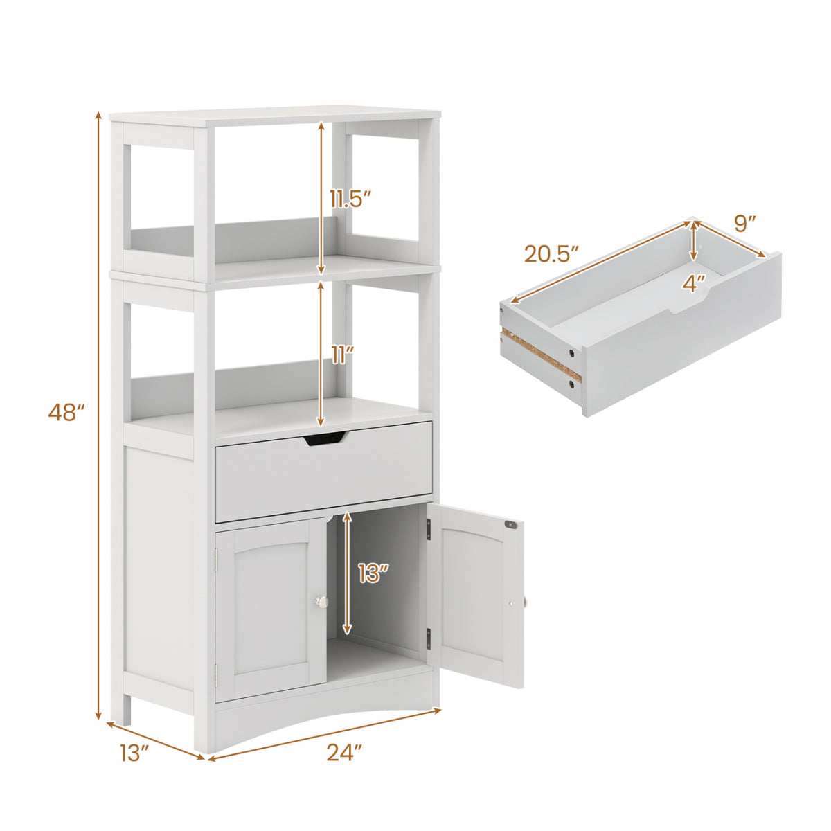 Bathroom Storage Cabinet with Open Shelves and Drawer Doors