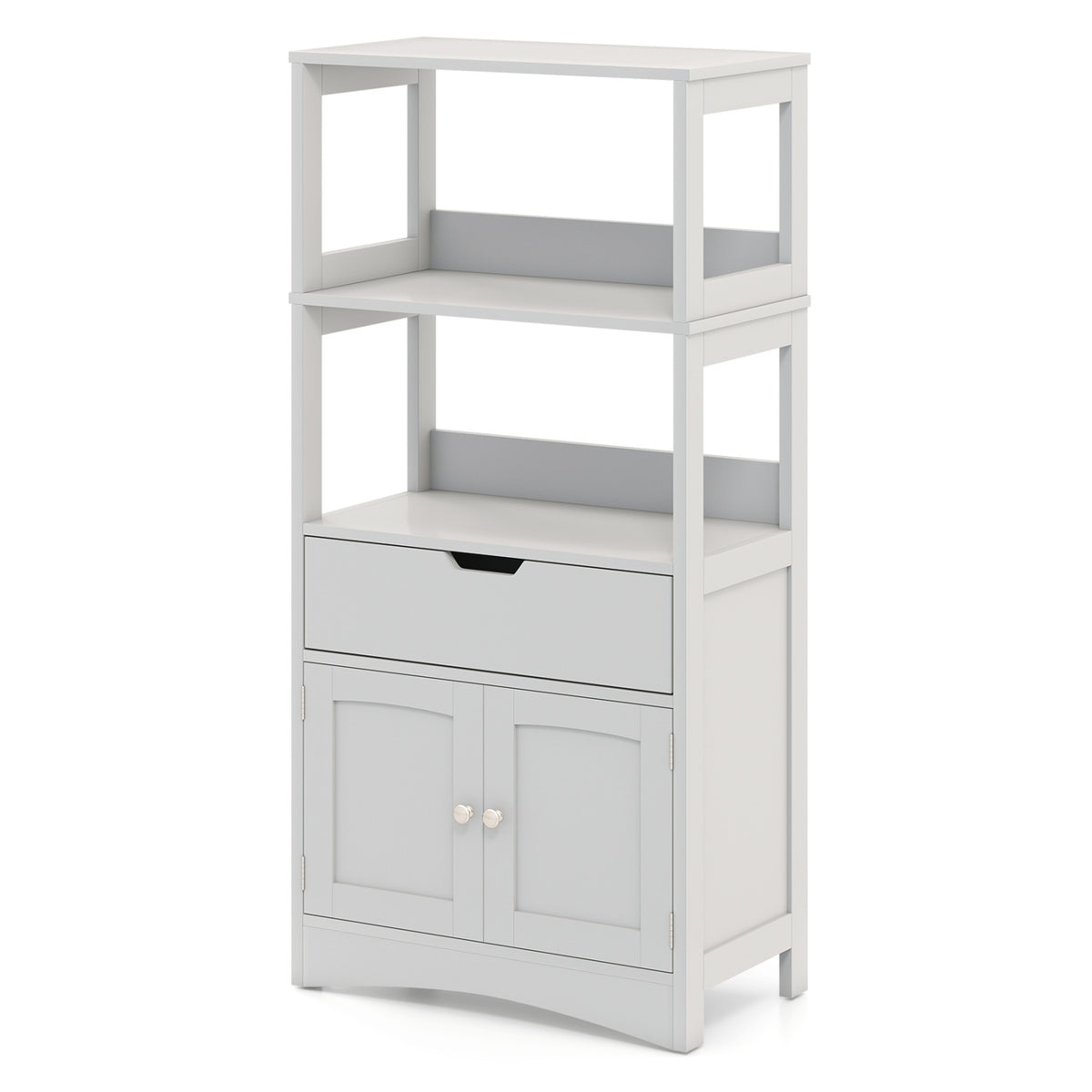 Bathroom Storage Cabinet with Open Shelves and Drawer Doors