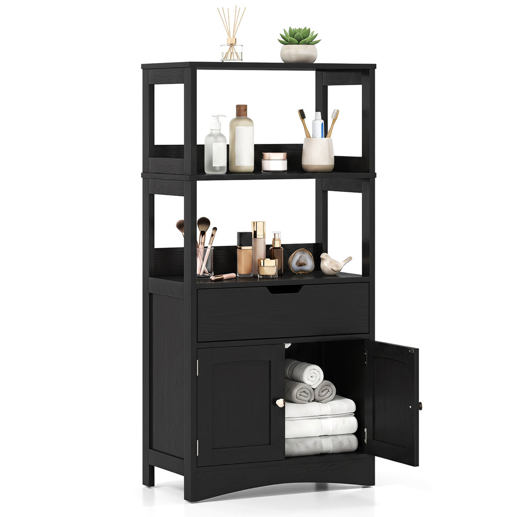 Bathroom Storage Cabinet with Open Shelves and Drawer Doors