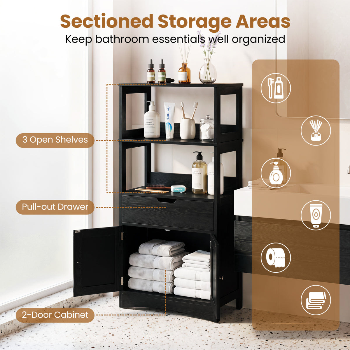 Bathroom Storage Cabinet with Open Shelves and Drawer Doors