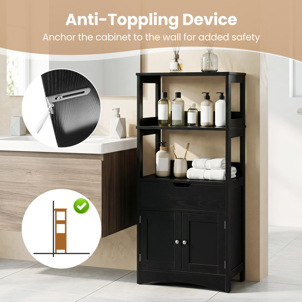 Bathroom Storage Cabinet with Open Shelves and Drawer Doors