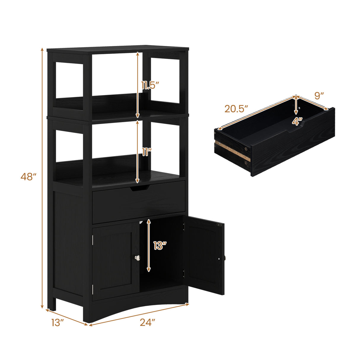 Bathroom Storage Cabinet with Open Shelves and Drawer Doors