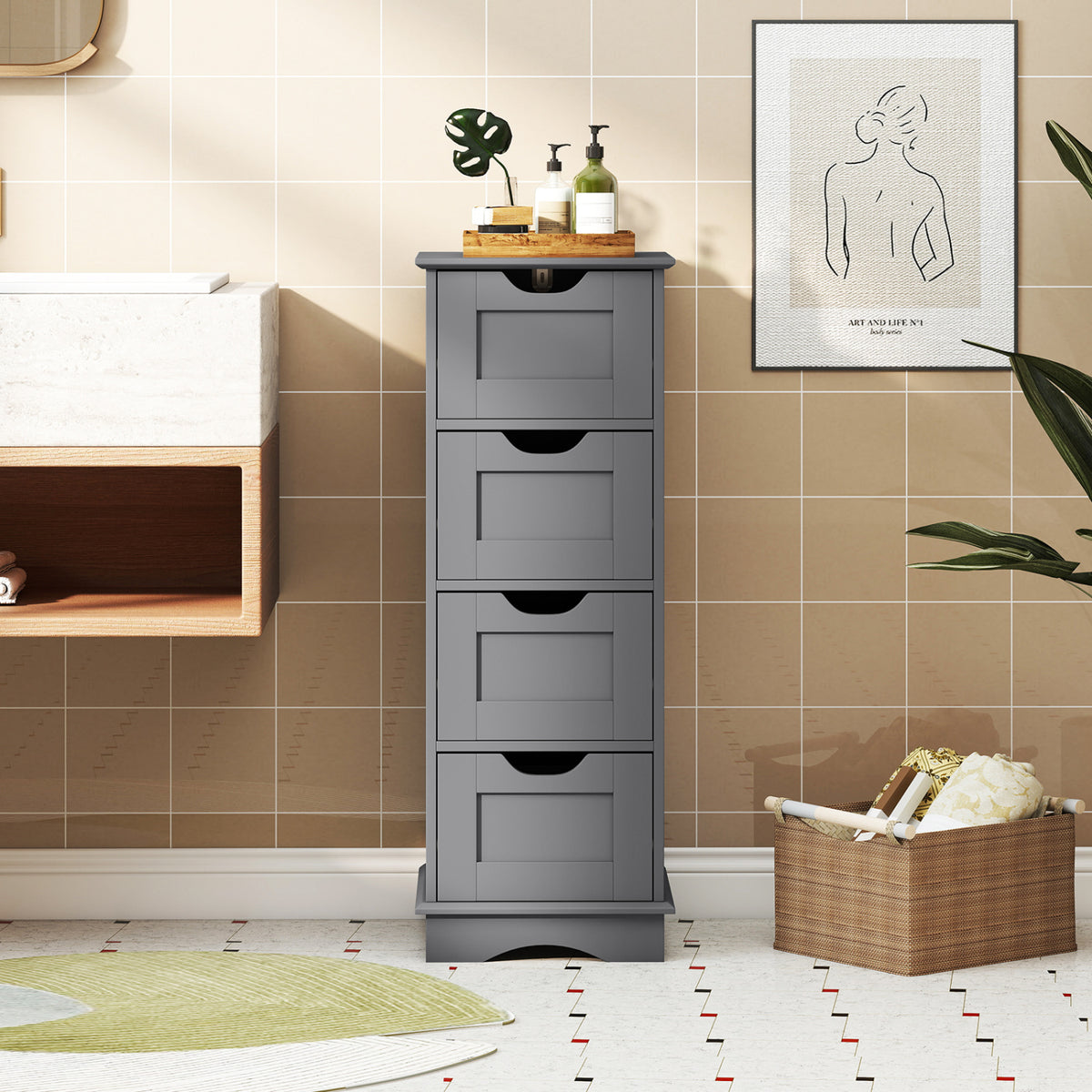 Bathroom Storage Cabinet with Cutout Handles and 4 Drawers