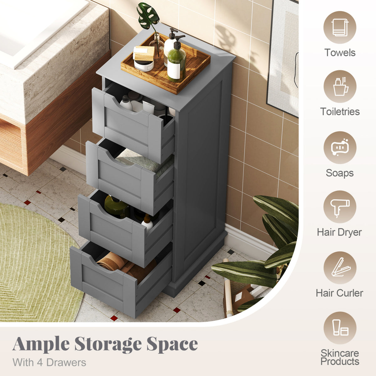 Bathroom Storage Cabinet with Cutout Handles and 4 Drawers