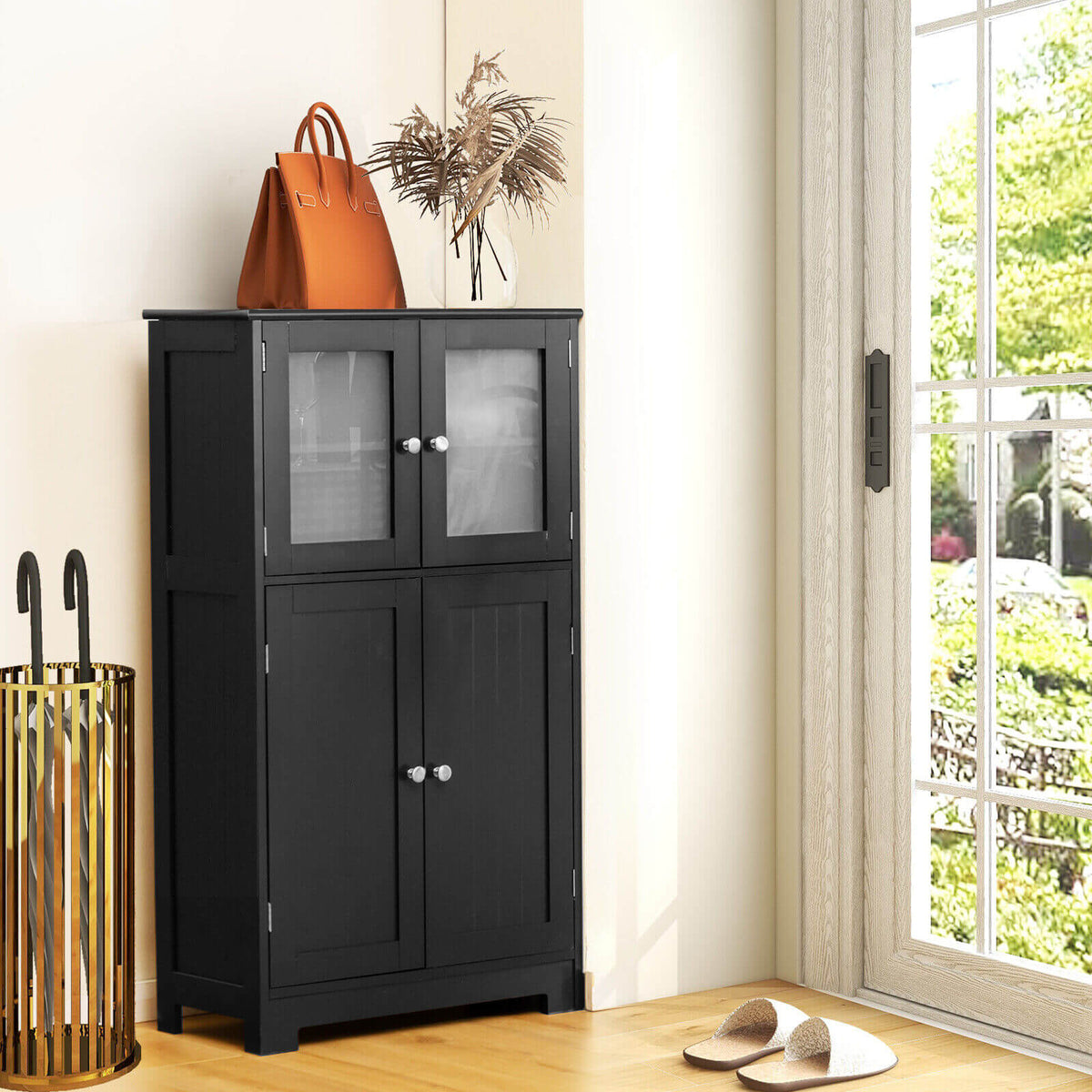 Bathroom Floor Storage Cabinet with Glass Doors and Adjustable Shelf