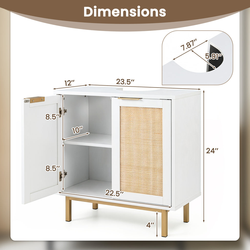 Bathroom Vanity Cabinet with U-Shaped Cut-Out 2 Rattan Doors and Shelf