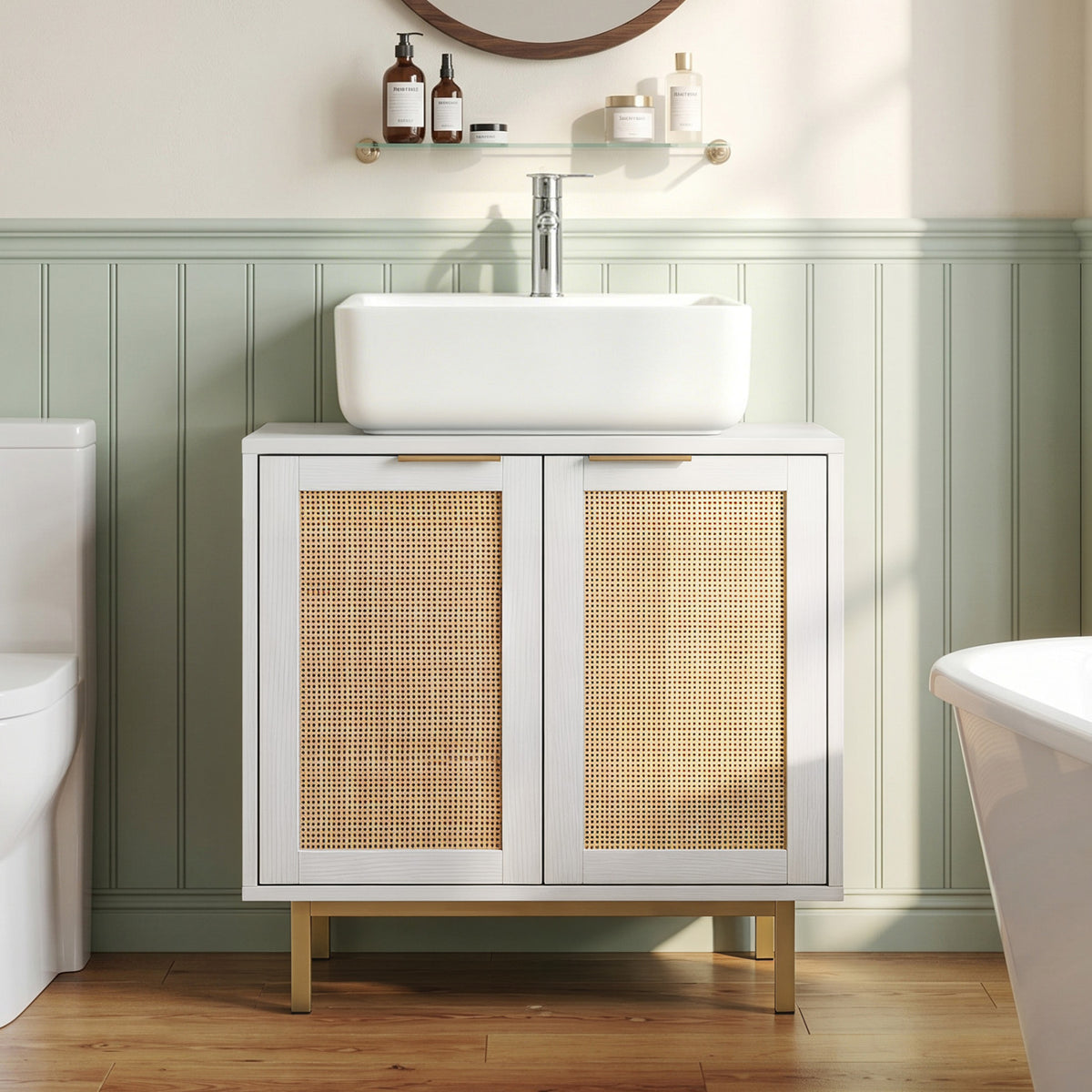Bathroom Vanity Cabinet with U-Shaped Cut-Out 2 Rattan Doors and Shelf