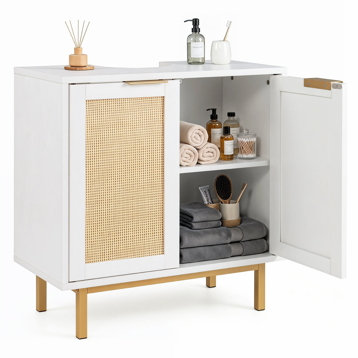 Bathroom Vanity Cabinet with U-Shaped Cut-Out 2 Rattan Doors and Shelf