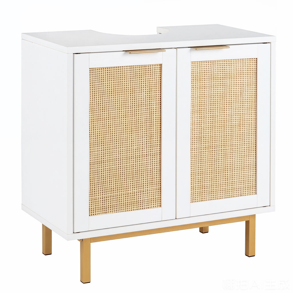 Bathroom Vanity Cabinet with U-Shaped Cut-Out 2 Rattan Doors and Shelf