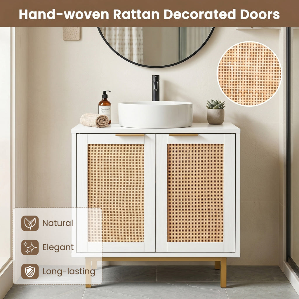 Bathroom Vanity Cabinet with U-Shaped Cut-Out 2 Rattan Doors and Shelf