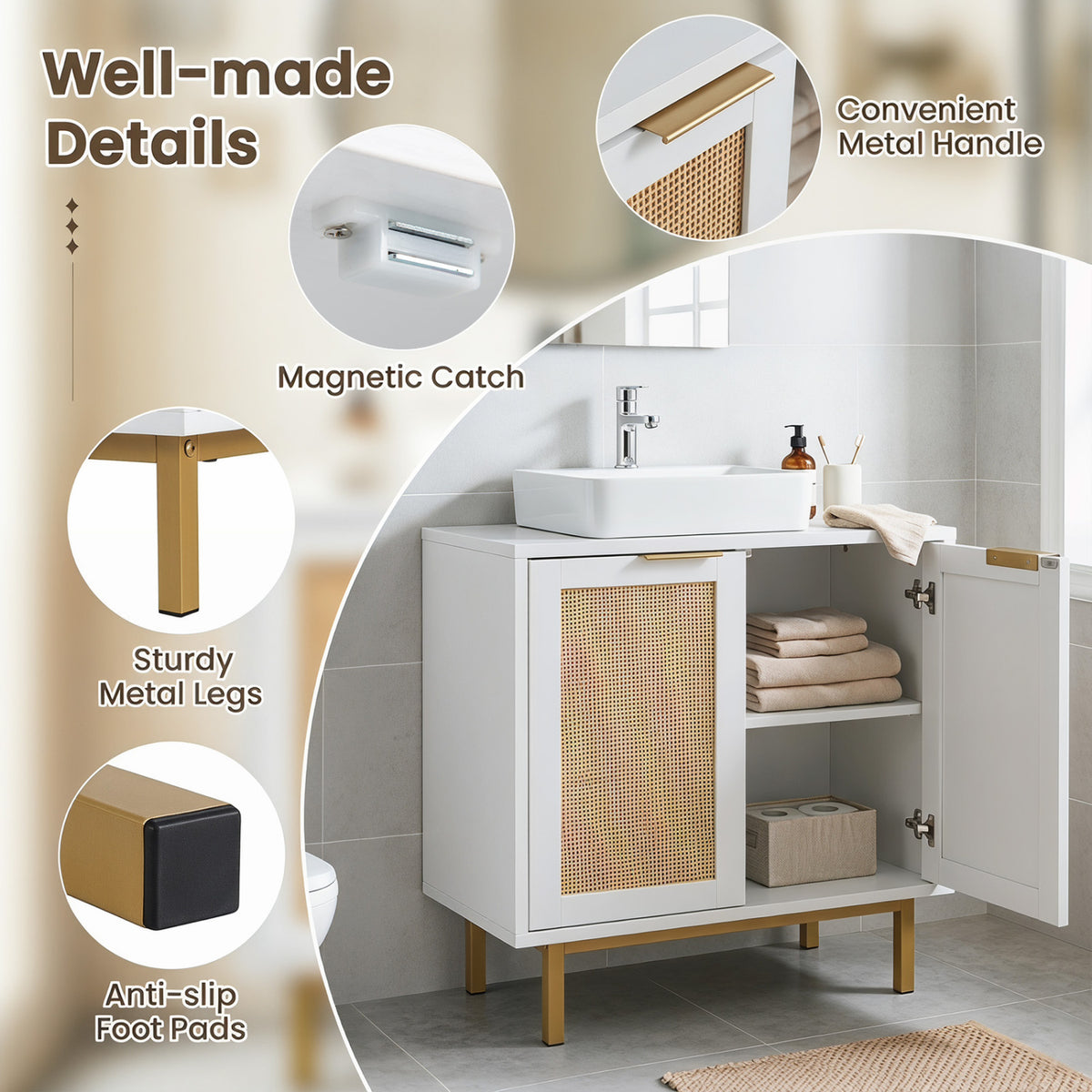 Bathroom Vanity Cabinet with U-Shaped Cut-Out 2 Rattan Doors and Shelf
