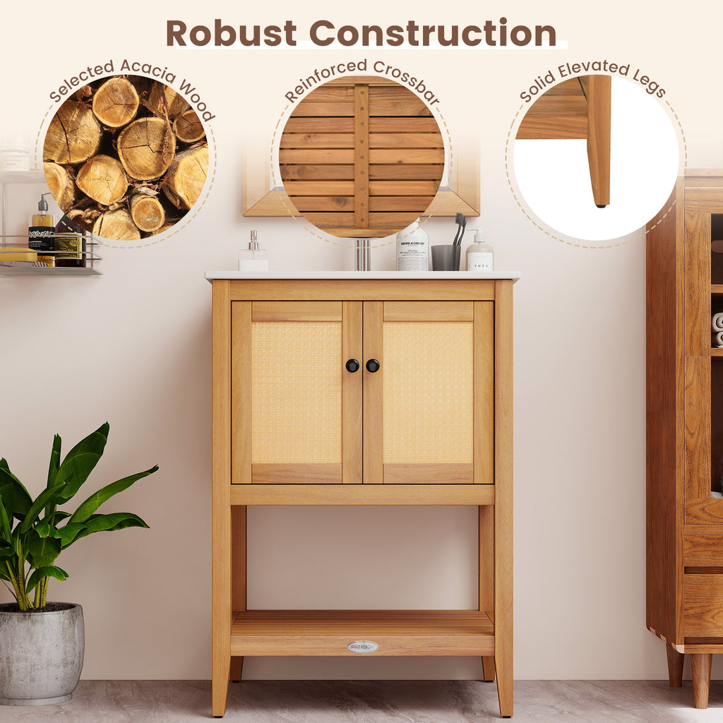 Bathroom Vanity with Ceramic Sink 2 Rattan Doors and Slatted Shelf