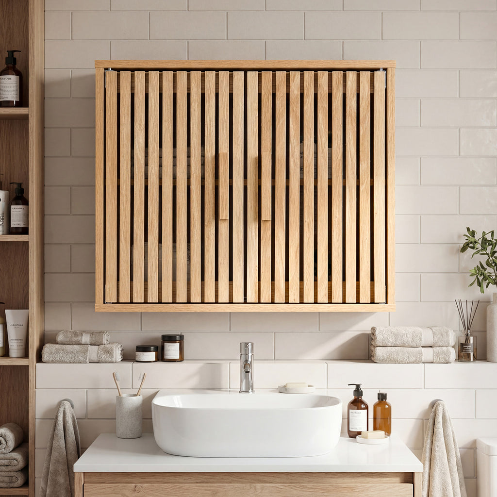 20-In Bathroom Wall Cabinet with Slatted Doors - Natural