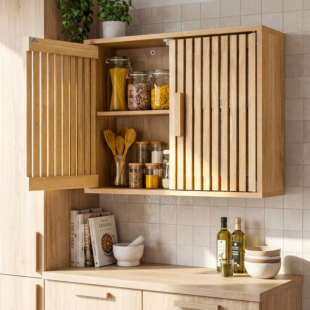 20-In Bathroom Wall Cabinet with Slatted Doors - Natural