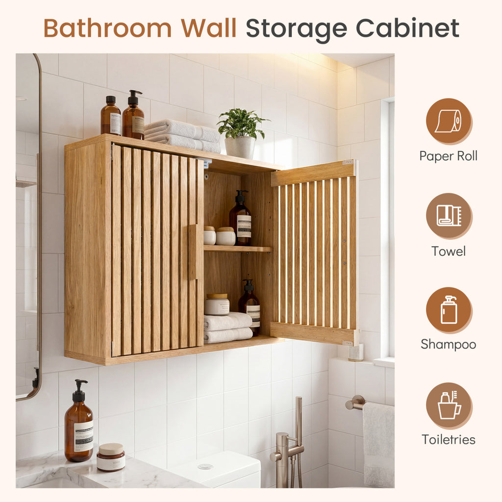 20-In Bathroom Wall Cabinet with Slatted Doors - Natural