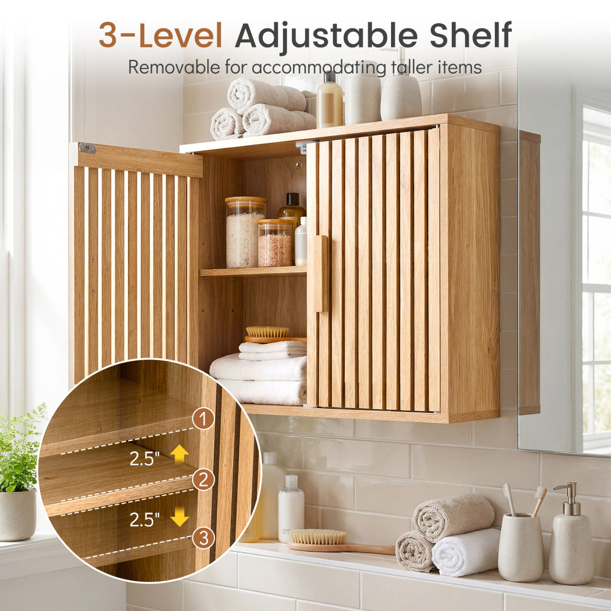 20-In Bathroom Wall Cabinet with Slatted Doors - Natural