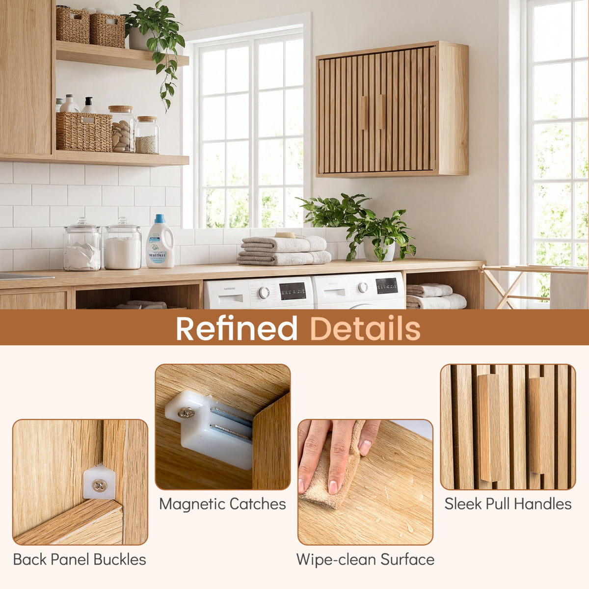 20-In Bathroom Wall Cabinet with Slatted Doors - Natural