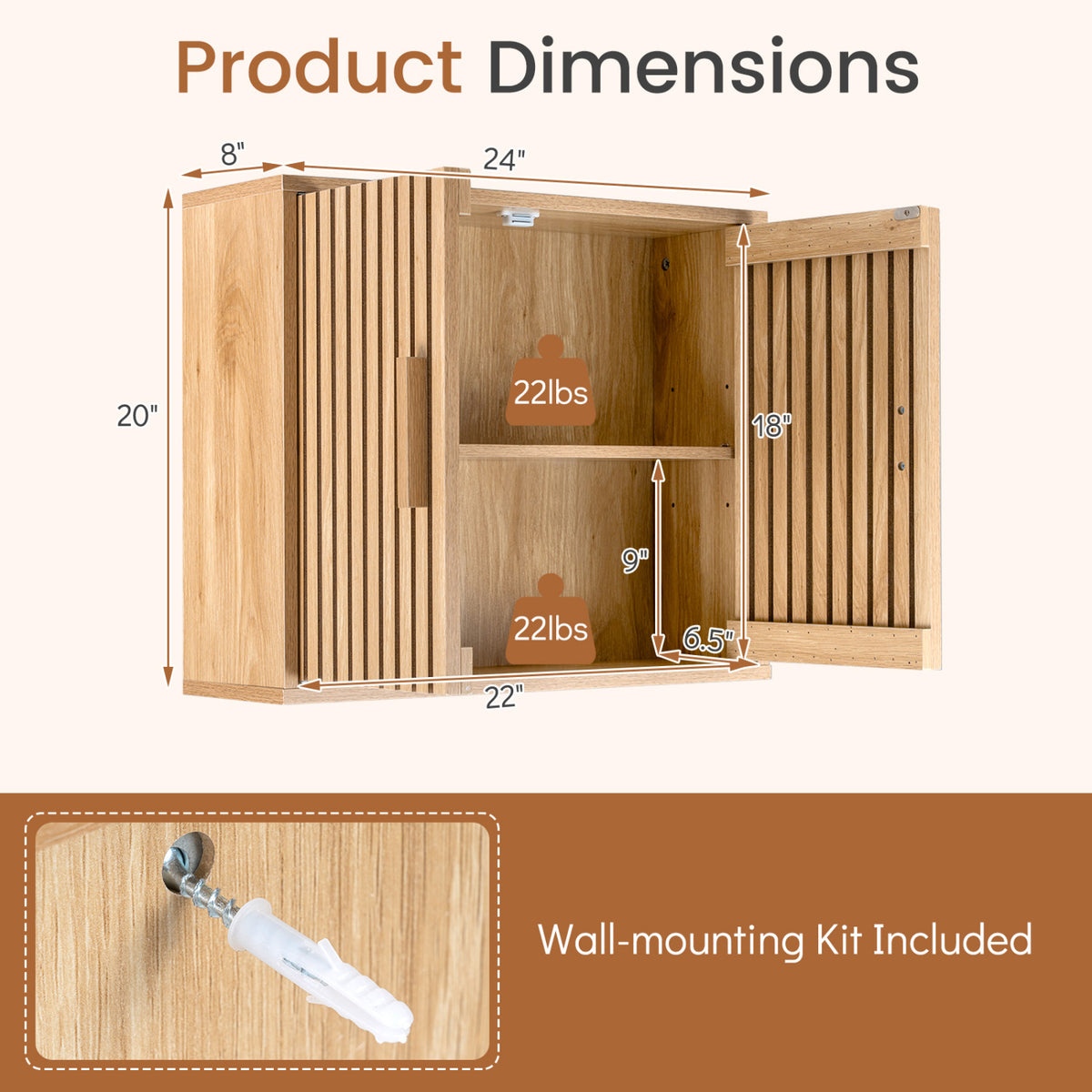 20-In Bathroom Wall Cabinet with Slatted Doors - Natural