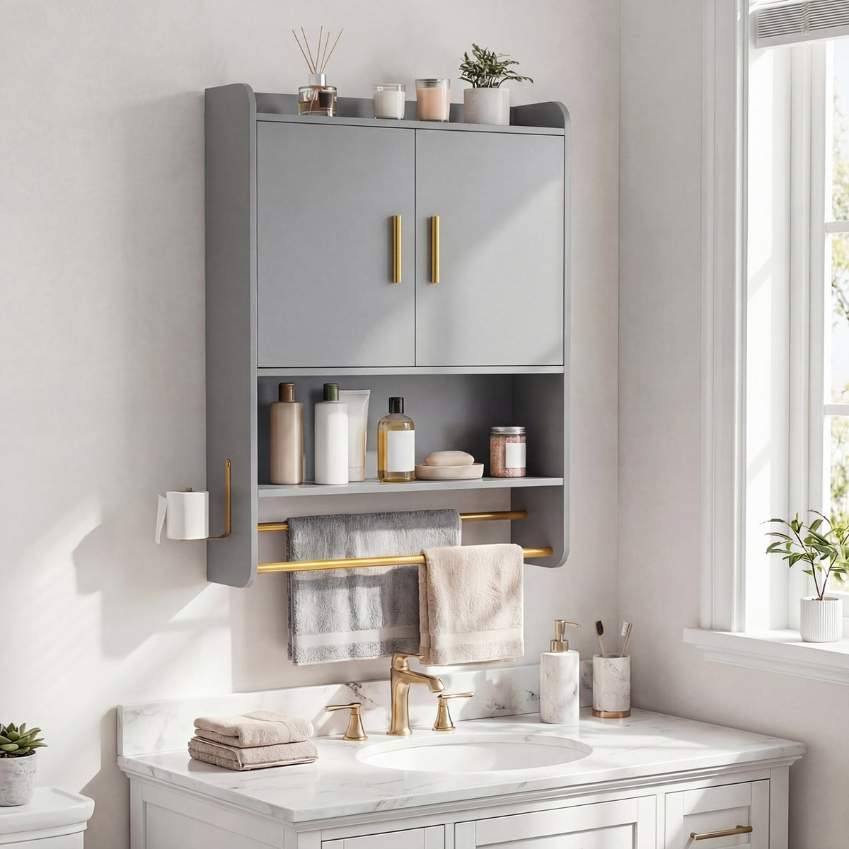 Wall-Mounted Medicine Cabinet with 2-Tier Towel Bar, Gray