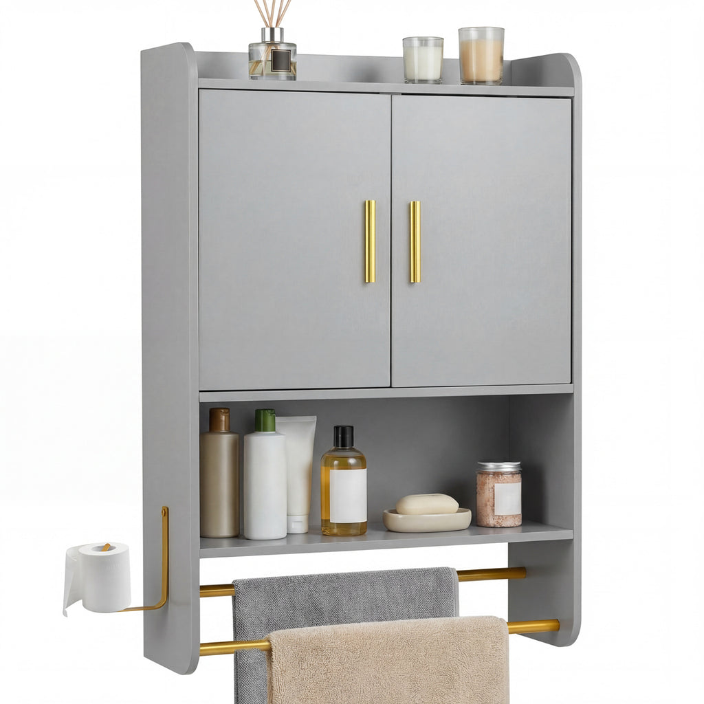 Wall-Mounted Medicine Cabinet with 2-Tier Towel Bar, Gray