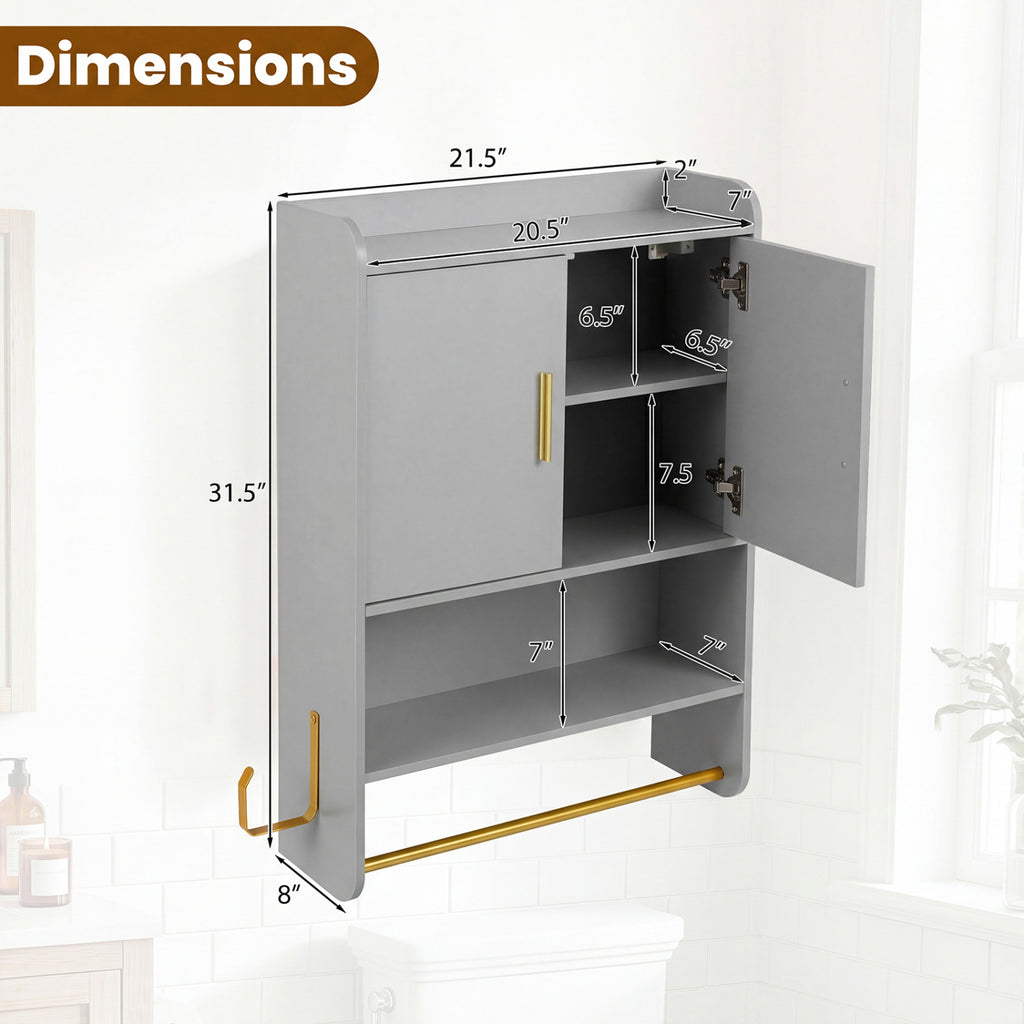 Wall-Mounted Medicine Cabinet with 2-Tier Towel Bar, Gray