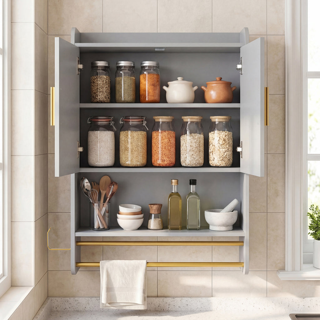 Wall-Mounted Medicine Cabinet with 2-Tier Towel Bar, Gray