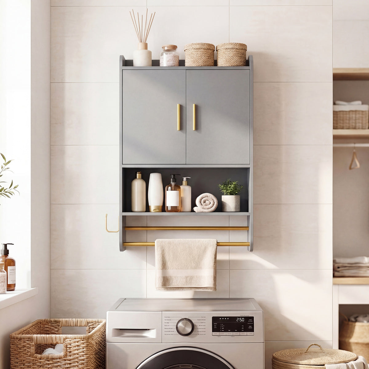 Wall-Mounted Medicine Cabinet with 2-Tier Towel Bar, Gray