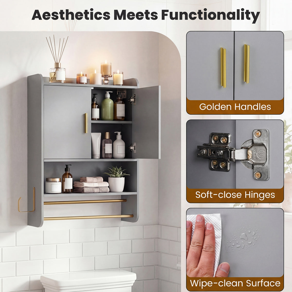 Wall-Mounted Medicine Cabinet with 2-Tier Towel Bar, Gray