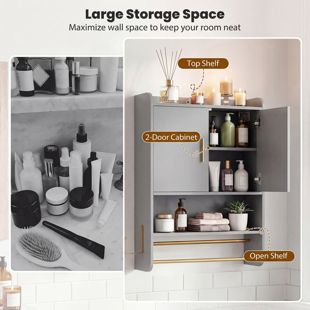Wall-Mounted Medicine Cabinet with 2-Tier Towel Bar, Gray
