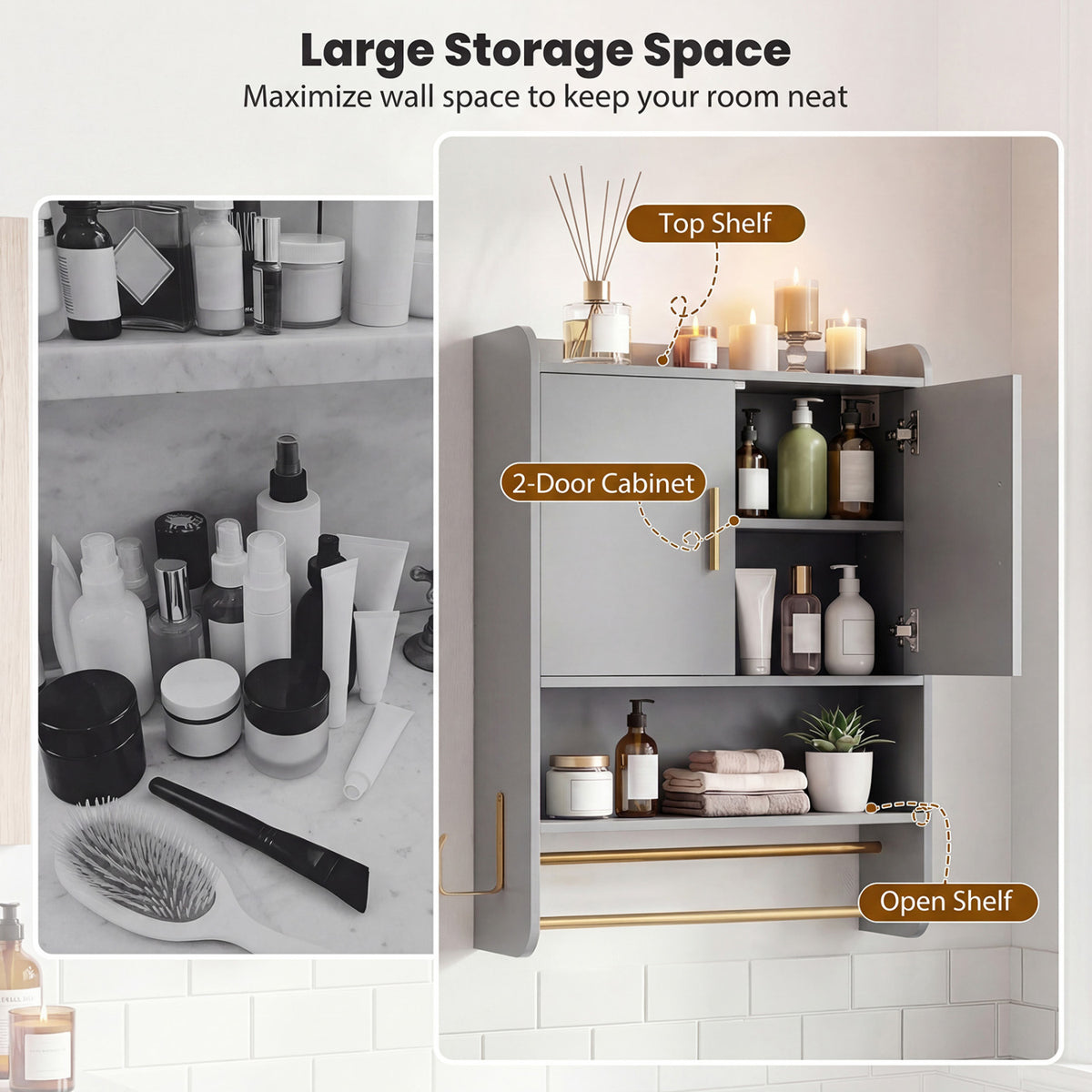 Wall-Mounted Medicine Cabinet with 2-Tier Towel Bar, Gray