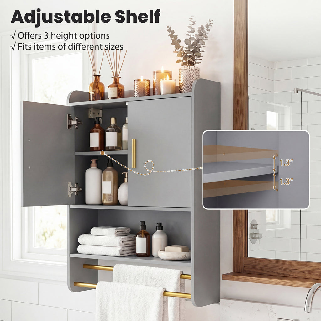 Wall-Mounted Medicine Cabinet with 2-Tier Towel Bar, Gray