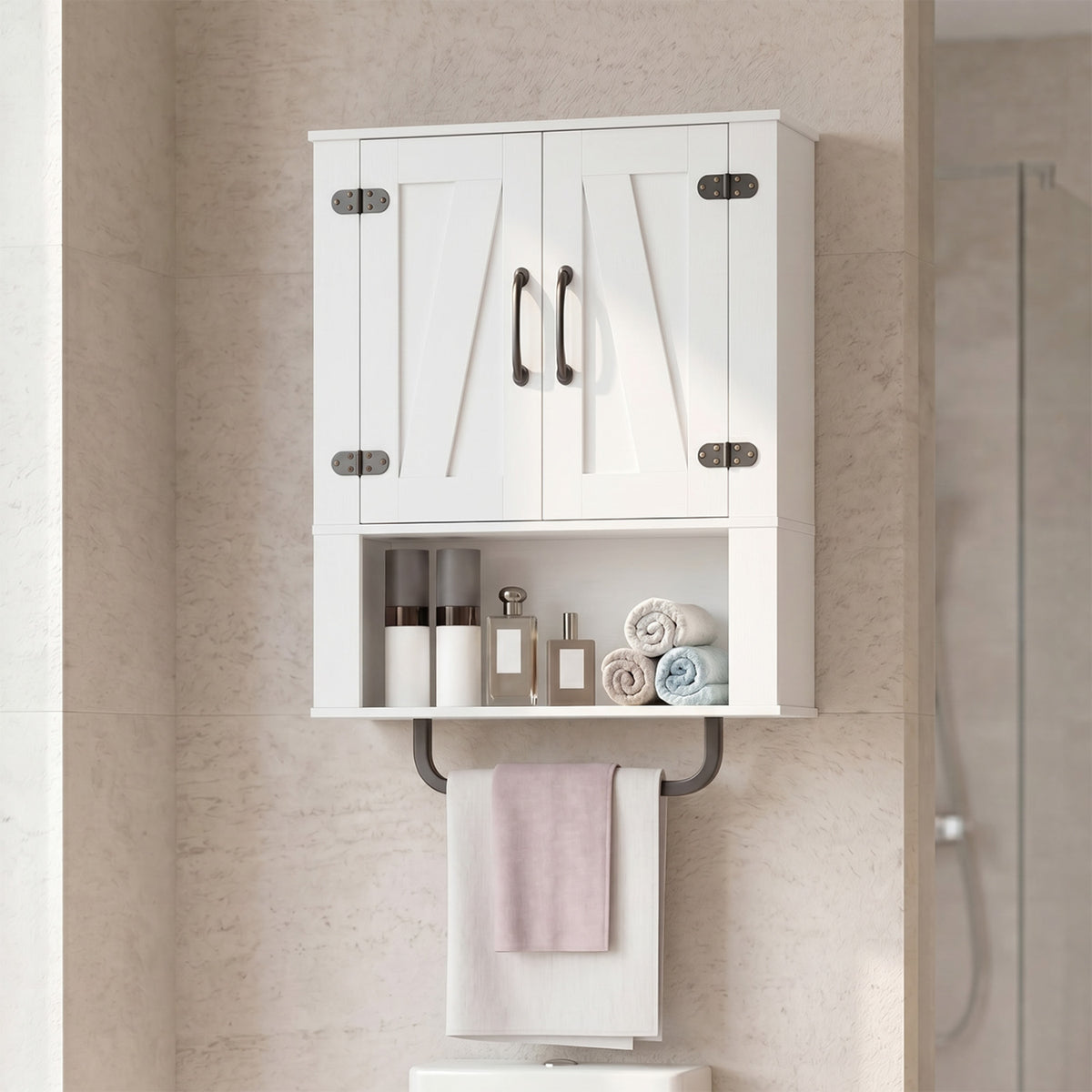 Bathroom Wall Cabinet with 2 Barn Doors, Towel Bar & Open Compartment - White
