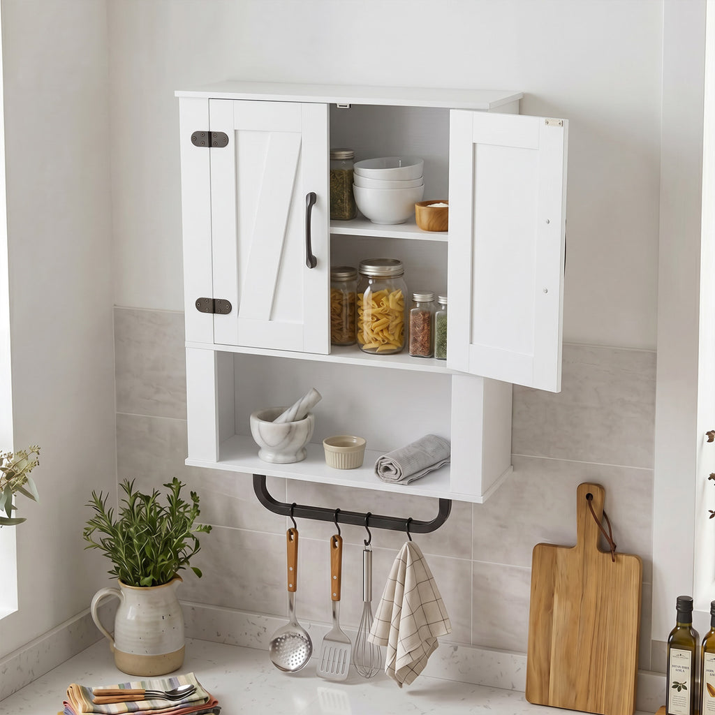 Bathroom Wall Cabinet with 2 Barn Doors, Towel Bar & Open Compartment - White