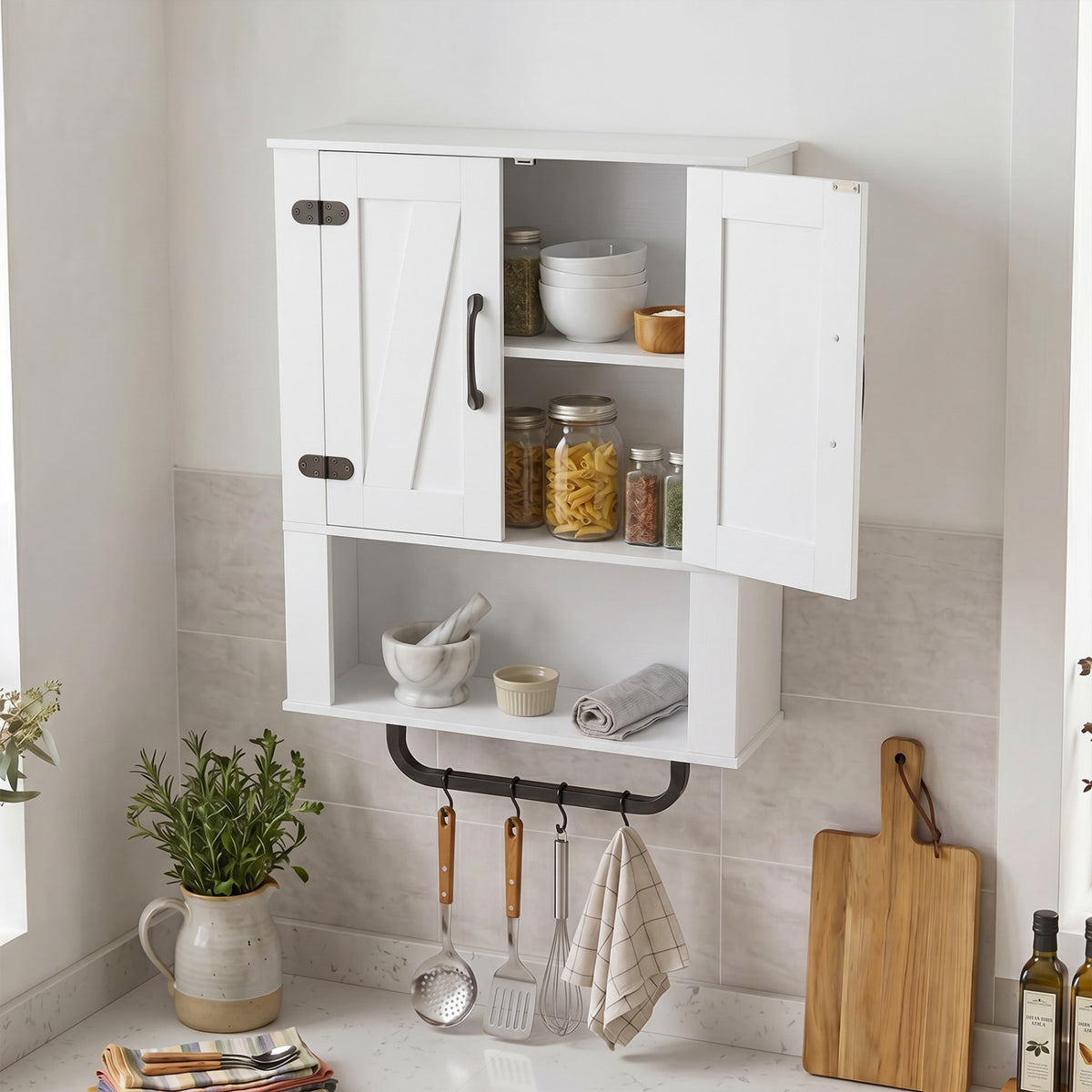 Bathroom Wall Cabinet with 2 Barn Doors, Towel Bar & Open Compartment - White