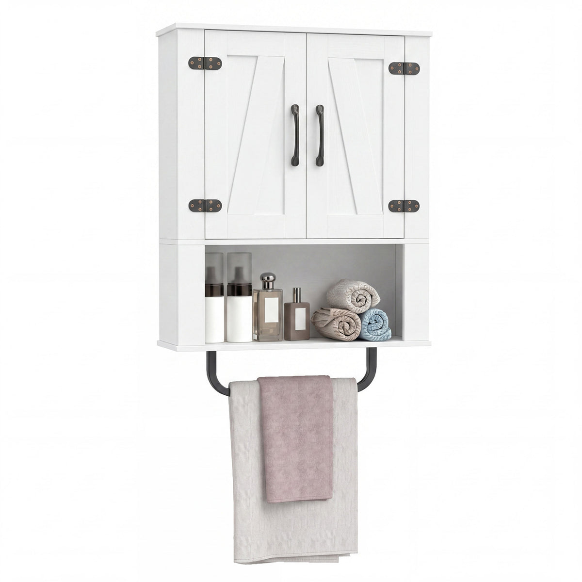 Bathroom Wall Cabinet with 2 Barn Doors, Towel Bar & Open Compartment - White