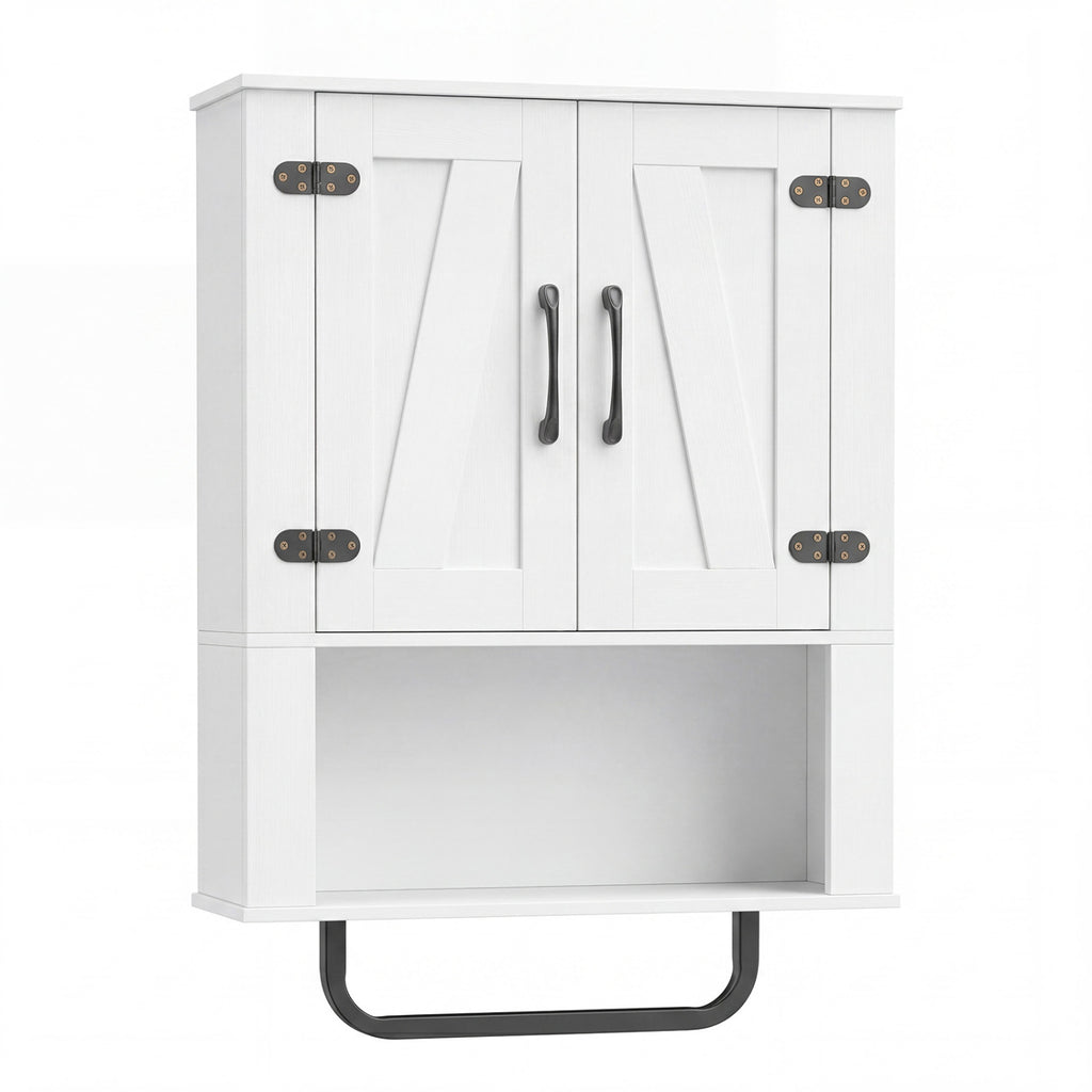 Bathroom Wall Cabinet with 2 Barn Doors, Towel Bar & Open Compartment - White